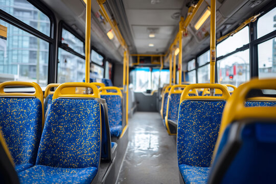 Interior of modern public city bus with empty blue patterned seats and yellow handrails in bright urban setting