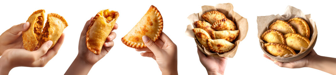 Set of hand holding Curry puff Empanada crispy fried baked turnover pastry, beef chicken pork potato, takeaway bowl, broken bitten, transparent cutout PNG. Many different style. Mockup template	
