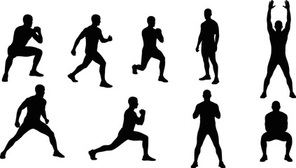 Silhouettes of men performing various fitness exercises and sports activities