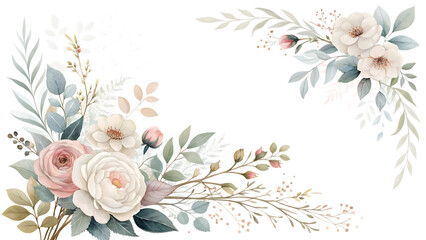 Elegant watercolor floral arrangement with delicate pink and white roses and lush green foliage in a corner design isolated on transparent background