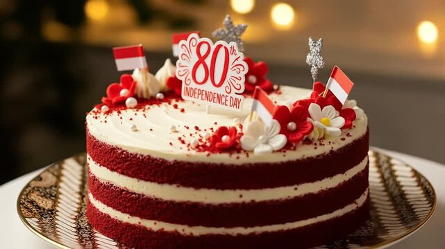 A delicious red velvet cake for Indonesia’s 80th Independence Day, topped with red and white decorations to represent the flag colors. This cake brings together delicious flavors and national pride