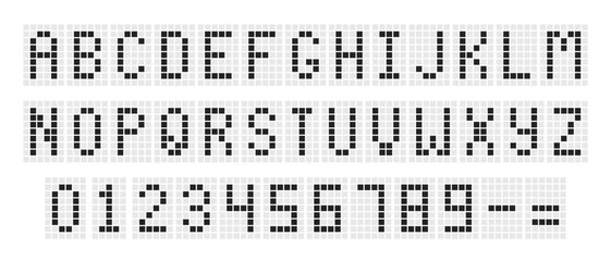 Black Digital Dotted Font Letters, Electronic Alphabet, retro text symbols, monitor characters, and scoreboard digits. Vector EPS 10