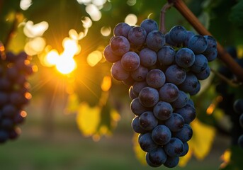 Closeup of ripe purple grapes on the vine with sunlight filtering through leaves