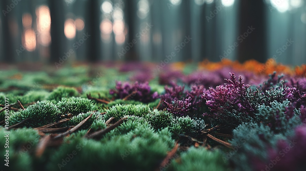 Poster a close-up of a patch of grass with flowers in the foreground and a forest in the background, featur