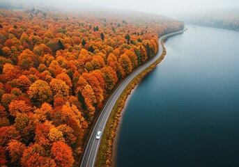 An aerial view of a car driving on a road through a vibrant autumn forest