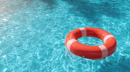   An orange life preserver floats on a blue pool of water beneath a shining sun