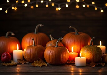 Warm glowing pumpkins and candles create a festive autumn atmosphere