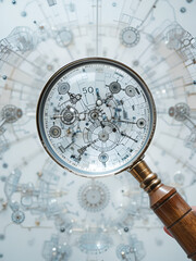Wooden-handled magnifying glass revealing details, magnifying investigative process against transparent background