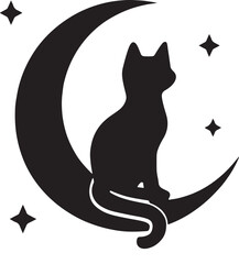 Black cat silhouette sitting on crescent moon with stars