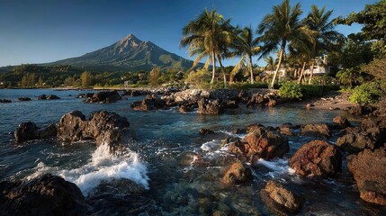   A tranquil oasis surrounded by lush palm trees, framing a majestic mountain in the backdrop, topped by a cozy house