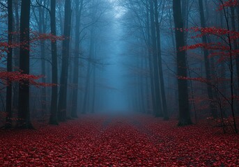 A dark, foggy forest path covered in red autumn leaves
