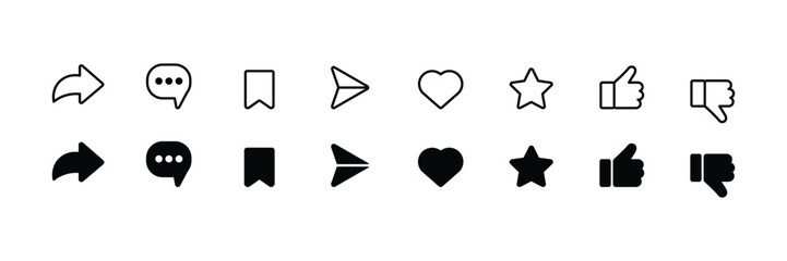 Like, Share, Comment, Heart, Thumb, Star, Minimal Social Media Vector Icon Set - Flat and Line Style, Social Media Interface Icons for Social Media Interaction