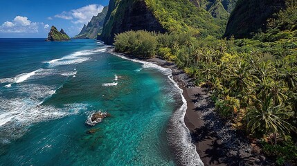   An aerial perspective displays a beach with a boat anchored in the sea and palm trees lining its shores