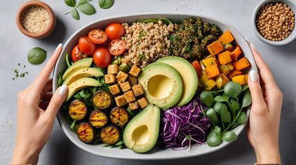 Woman hands eating vegan salad of baked vegetables, avocado, tofu and buckwheat buddha bowl, top view. Plant based food concept.