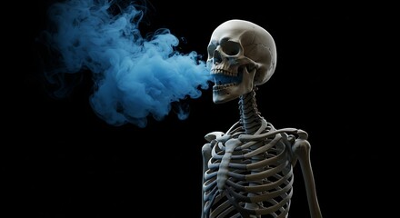 Skeleton Smoking Blue Smoke - Creepy Anatomy Art, Macabre Skull, Grim Reaper, Bone Structure, Halloween, Dark Aesthetic