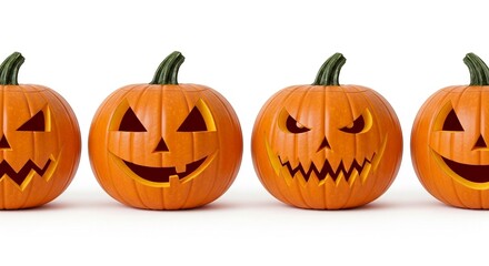 Fototapeta premium Photo of a row of carved halloween pumpkins with different spooky faces are displayed on a white background