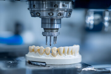 Closeup cnc machine creating dental prosthesis with precision and efficiency