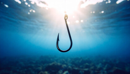 Fishing hook on string underwater. Clear sea or ocean water background.