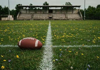 An old american football sits on the grass of an empty stadium field