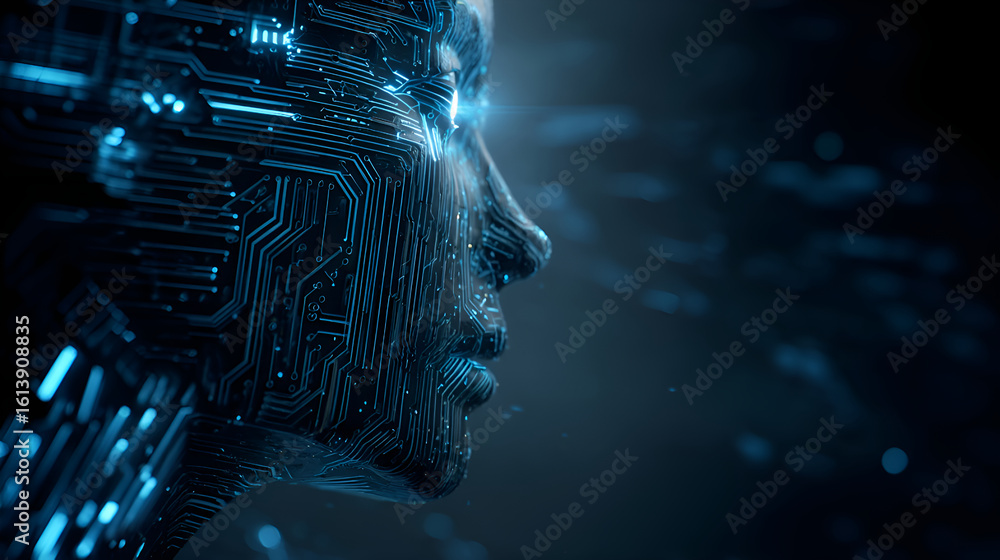 Poster artificial intelligence face emerging from futuristic circuit board