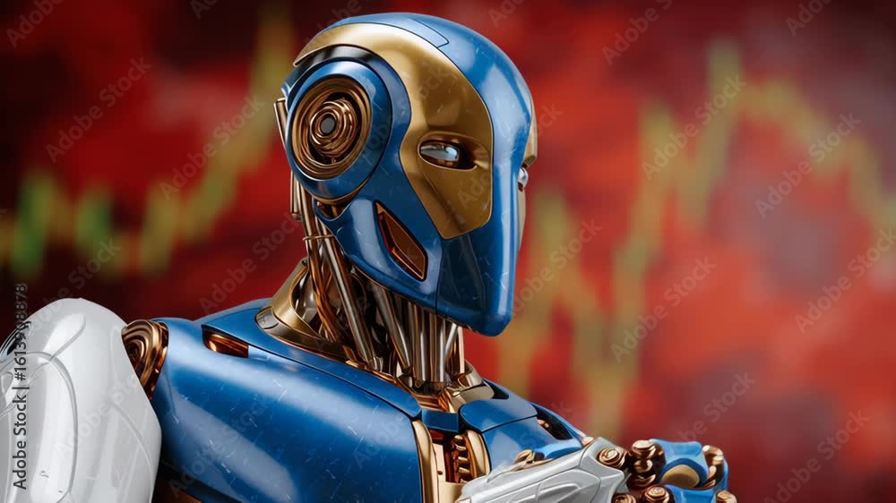 Poster futuristic robot showcasing advanced technology and automation against dynamic financial background,