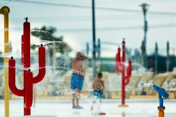 Amidst vibrant cactus-shaped sprinklers, a father and child delight in a refreshing splash pad under a hazy afternoon sun, creating a playful summer experience at the water park