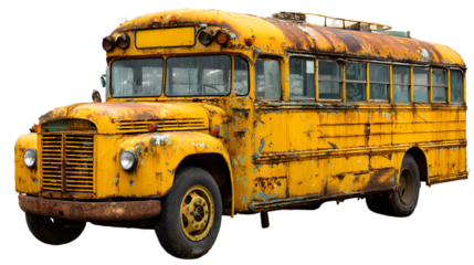 Dilapidated yellow school bus with rust on a transparent background, PNG image, PNG file.
