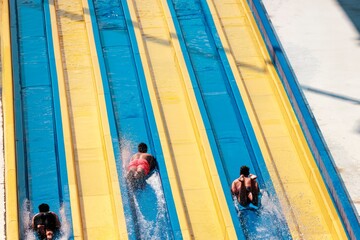 Three people are speeding down blue and yellow water slides at a water park. The sunlight glistens...