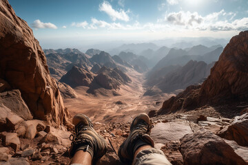 Knee Level View Of Hiker Resting On Rugged Mountain Path Under Majestic Morning Sky Landscape