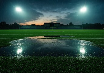 A football field at night with stadium lights reflecting in puddles