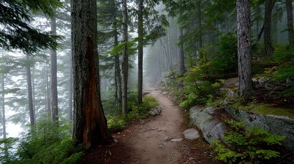 Obraz premium A trail winds through a dense forest on a foggy day in the Adirondack-Shasta region of Washington