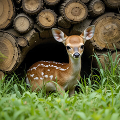 Day old deer fawn hiding in grass in front of log pile.