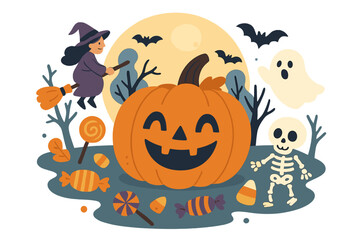 Vector illustration of a Halloween greeting card featuring trick or treat text, pumpkins, and a cat character set against a nighttime full moon background, suitable for a kids' party invitation