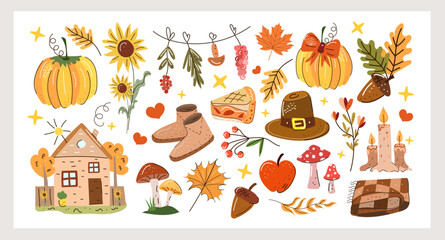 Hello Autumn hand drawn vector set with cozy fall clothes tea pumpkin pie leaves mushrooms and walking mood Perfect for seasonal prints stickers cards and autumn lifestyle design
