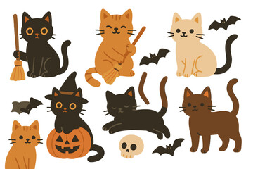 A seamless pattern of happy cat Halloween costumes featuring a black kitten in a witch hat, holding a broom and sitting next to a head pumpkin, with a witch cauldron, crescent moon, stars, and skull