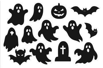 A compilation of dark Halloween shapes including spooky mansions ghosts bats and creatures