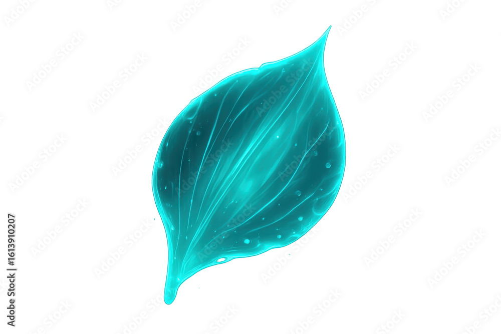 Poster luminescent turquoise leaf silhouette revealing intricate network patterns, symbolizing technologica
