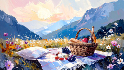 Picnic in the mountains. Romantic idea for a couple in the middle of the Alps. Summer trip. Afternoon dinner. Oil painting. 
