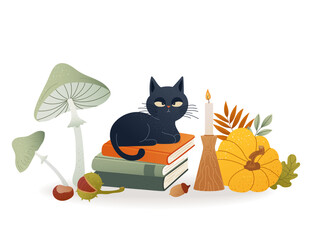 Cartoon black cat resting on books near pumpkins, mushrooms and candle. Calm autumn scene with cozy Halloween atmosphere. Vector illustration for seasonal cards, prints and children's design
