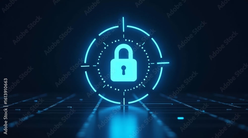 Poster digital security lock visualization with glowing defense grid for cybersecurity platforms