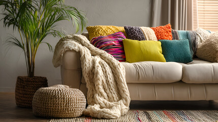 Cozy living room with knitted plaid and colorful pillows on sofa