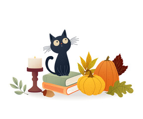 Cute cartoon black cat sitting on books with candle and pumpkins. Curious emotional look adds charm to this cozy Halloween illustration for autumn posters, cards and prints Vector children's design