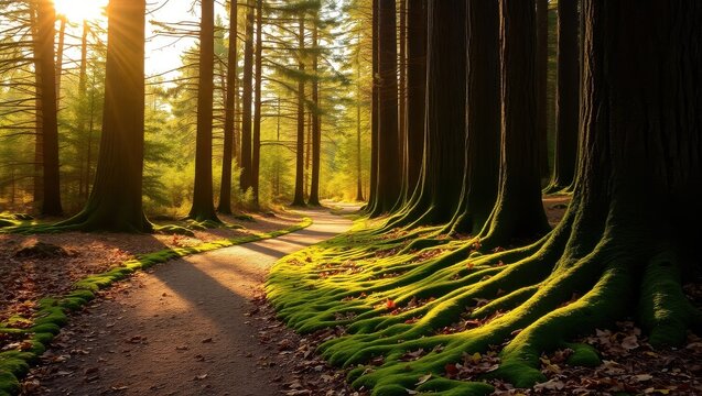 A sunlit path winding through a dense forest with tall trees and moss covered roots on the forest floor