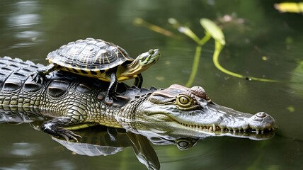 A small turtle is riding on the back of a crocodile in the water