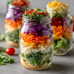 Close up of layered salad in mason jars with colorful vegetables and dressing base