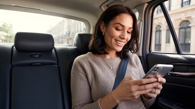 A woman is smiling while holding a phone inside a car