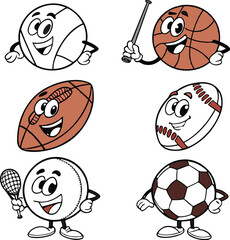 Collection of six cartoon sports balls with happy faces and arms and legs isolated on transparent background
