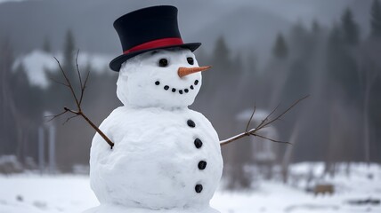Obraz premium A cheerful snowman standing amidst a snowy landscape, complete with a hat and carrot nose, embodying the joy of winter