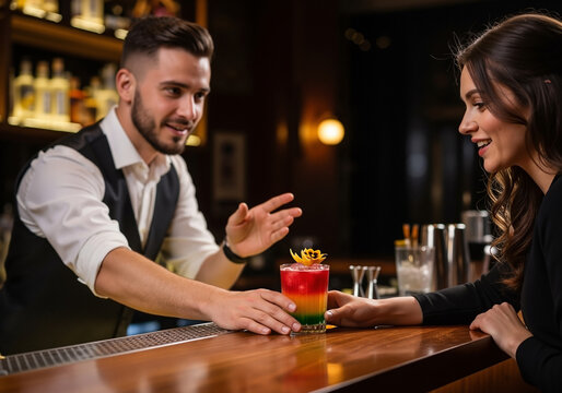 Friendly bartender serving a colorful layered cocktail to a smiling woman at a modern bar counter