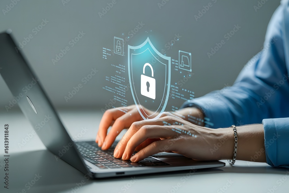 Poster hands typing on laptop with digital security shield overlay representing cybersecurity data protecti